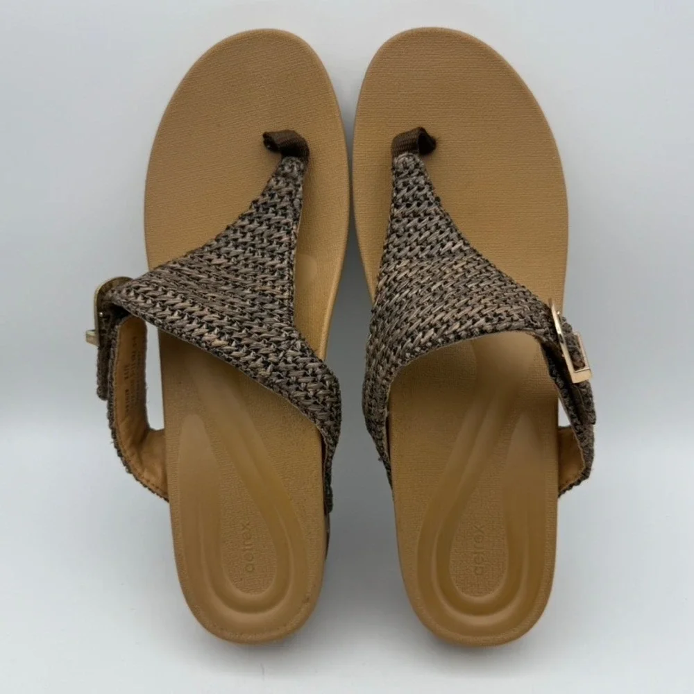 Aetrex Kate Wedge Sandals‎ Adjustable Buckle Thong Brown Woven EU42 US10.5-11